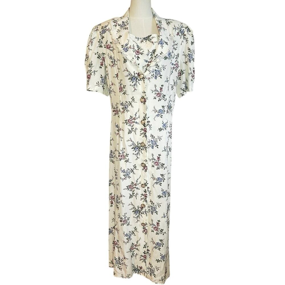 VTG 90s Floral Corset Back Maxi Shirt Dress Grunge XL Boho Cottage Whimsigoth
